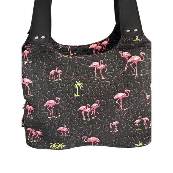 Donna Sharp Quilted Handbag Black Pink Flamingo All Over Print Tote Shoulder Bag - Picture 1 of 16